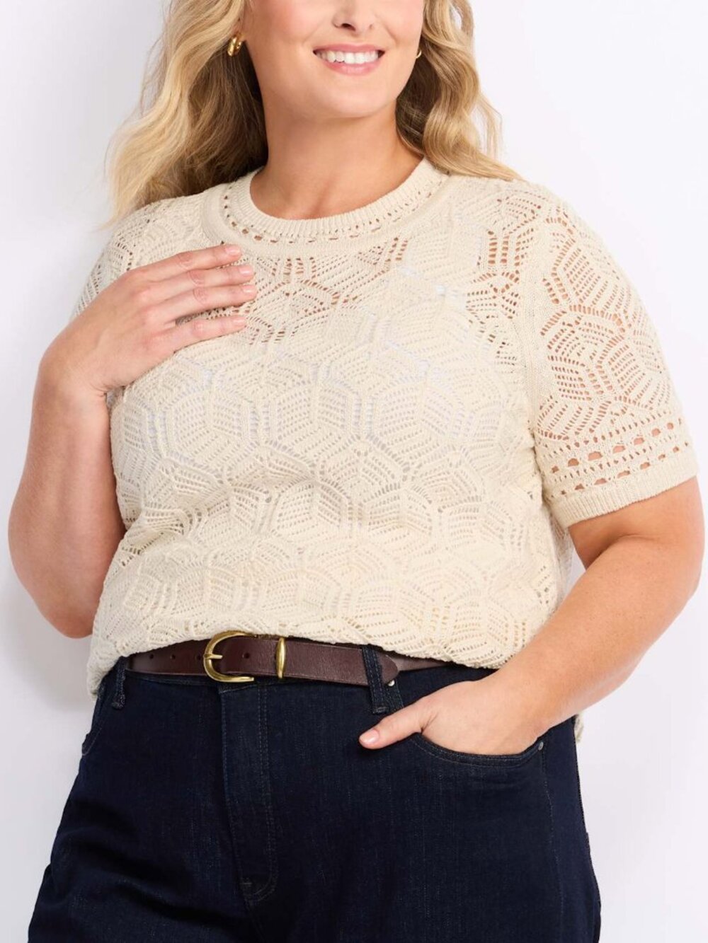 Design History Harper Crochet Short Sleeve Sweater White/cream Plus 3X